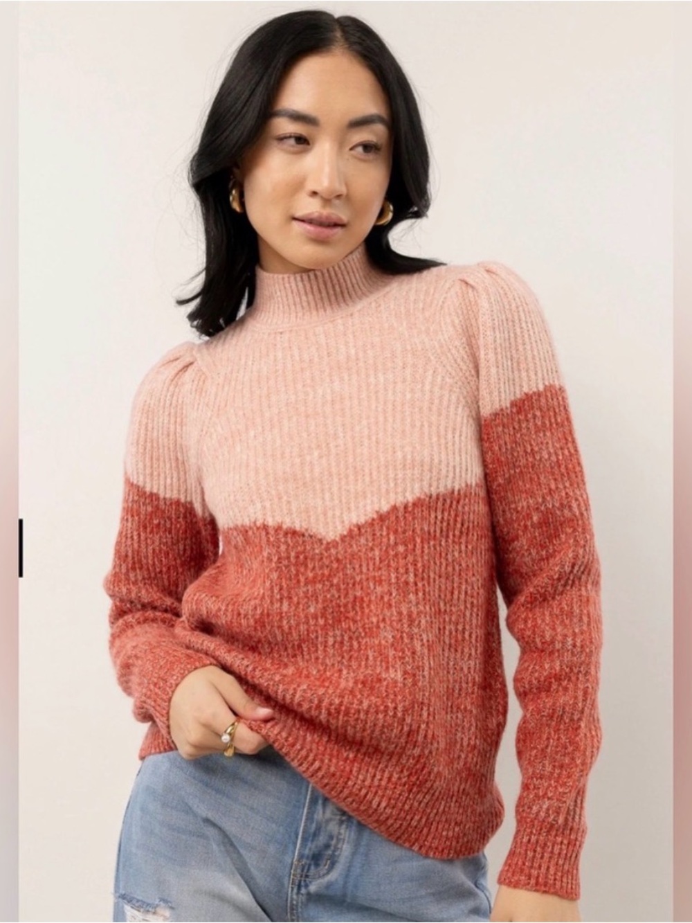 Vero Moda Pink and Rust Colorblock Mock Neck Sweater